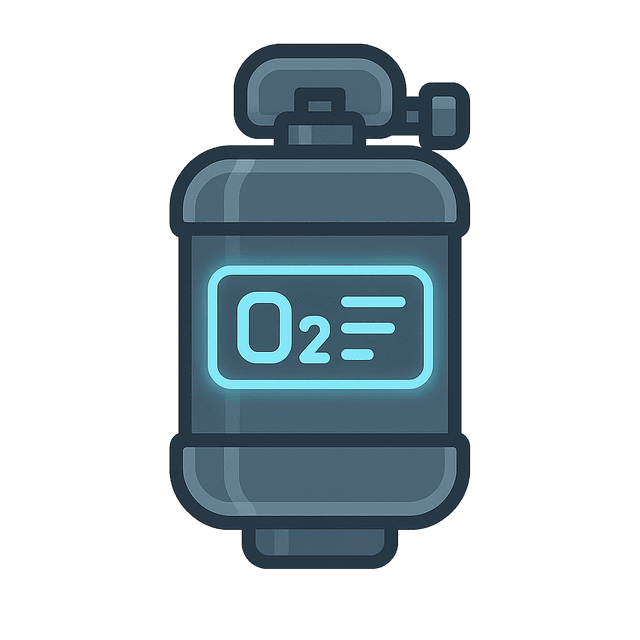 Top-down flat vector sci-fi inventory icon of a sleek high-tech oxygen canister with a digital label and subtle blue glow, rendered in a cool & calm palette for a clean, futuristic look.