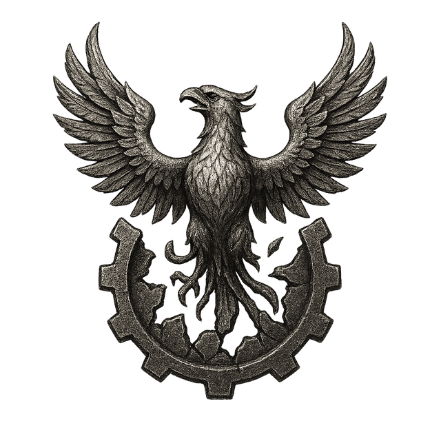 A front-facing emblem featuring a silver phoenix emerging triumphantly from a broken cogwheel, symbolizing resistance and rebirth. Rendered in a realistic style with a high contrast palette, the crest combines mechanical and mythological elements to create a bold and memorable faction symbol.