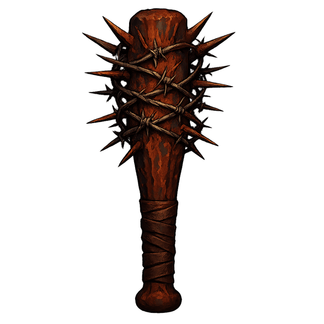 Front view of a hand-painted, post-apocalyptic weapon—a rusted spiked bat wrapped in barbed wire with a worn leather grip. Rendered in high contrast to emphasize its gritty and dangerous look.