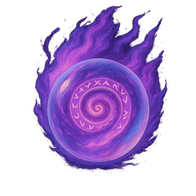 3/4 view hand-painted magic spell icon depicting a glowing crystal sphere containing a swirling vortex of arcane runes and bright violet flames. Rendered in a fantasy pastels palette for a mystical, enchanting effect.