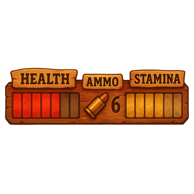 Hand-painted western-style status bar featuring health, ammo, and stamina indicators with a weathered look, warm and vibrant color palette, and front view UI layout.