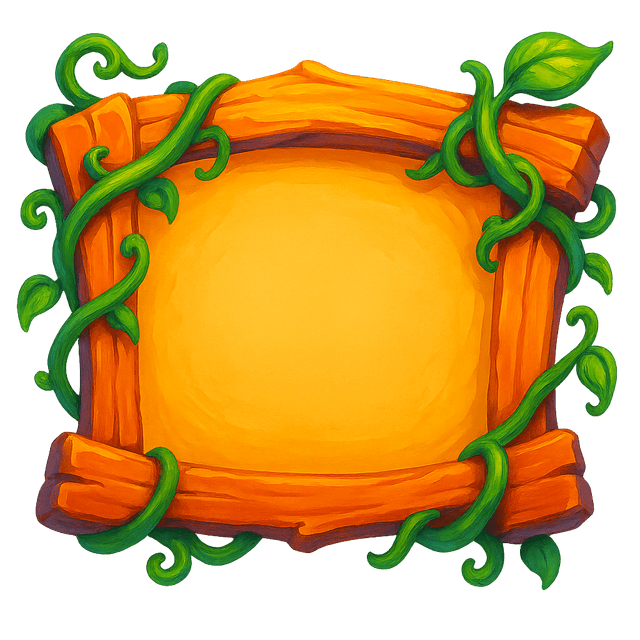 Hand-painted, whimsical dialog box frame for a cartoon adventure game, built from exaggerated wooden planks entwined with lively green vines. The warm, vibrant colors create a playful, inviting look perfect for lighthearted in-game conversations.