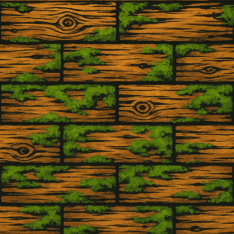 Seamless top-down pattern of aged wooden planks with moss accents, hand-painted in a high-contrast western style — ideal for game floor textures.