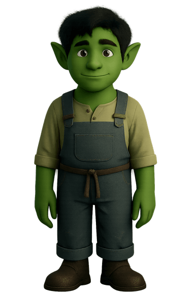 Front view Pixar-style portrait of a young half-orc adventurer with green skin, slightly messy black hair, pointed ears, and warm, gentle eyes. He wears simple cotton and linen clothes in a cool and calm palette, reflecting his humble yet kind nature.