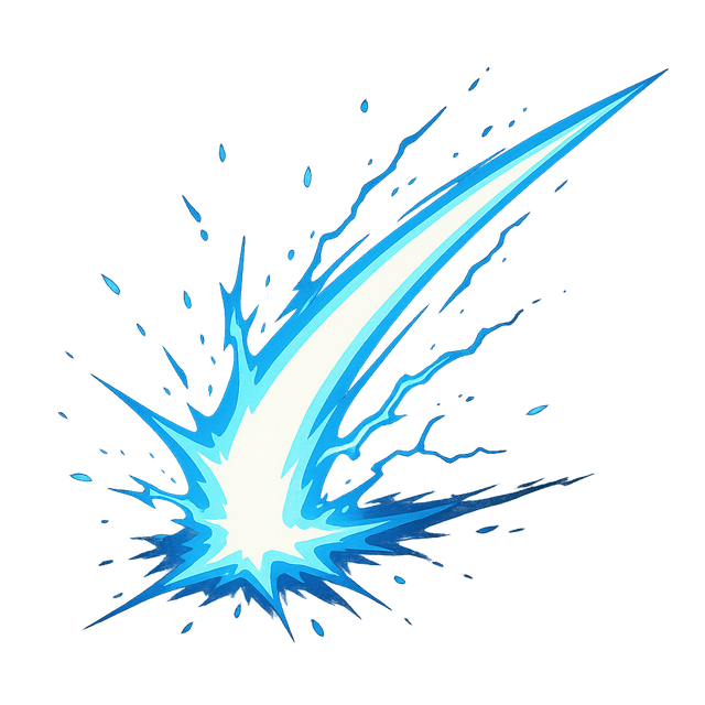 Blinding blue energy slash—cel-shaded sci-fi attack frame with electric sparks, high-contrast glow, isometric perspective; 2D VFX sprite for combat animations.