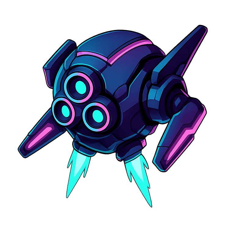 Sci-fi enemy sprite: cel-shaded hover drone with tri-lens camera and side thrusters, neon cyan/magenta lights, 3/4 perspective.