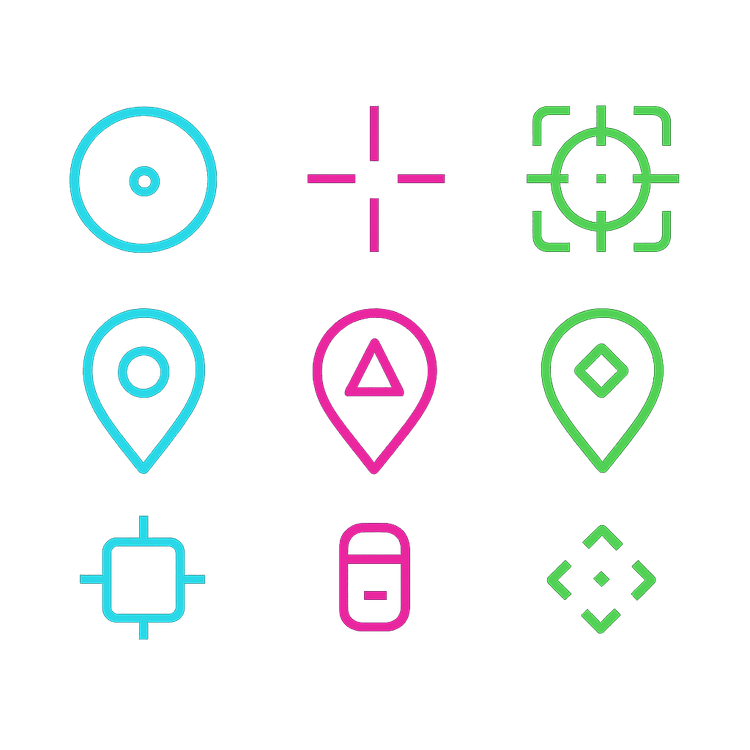 Cel-shaded sci-fi reticle set—crosshairs and map markers (objective, enemy, loot) in neon cyan/magenta/green, 2px lines, subtle glow, front view, transparent.