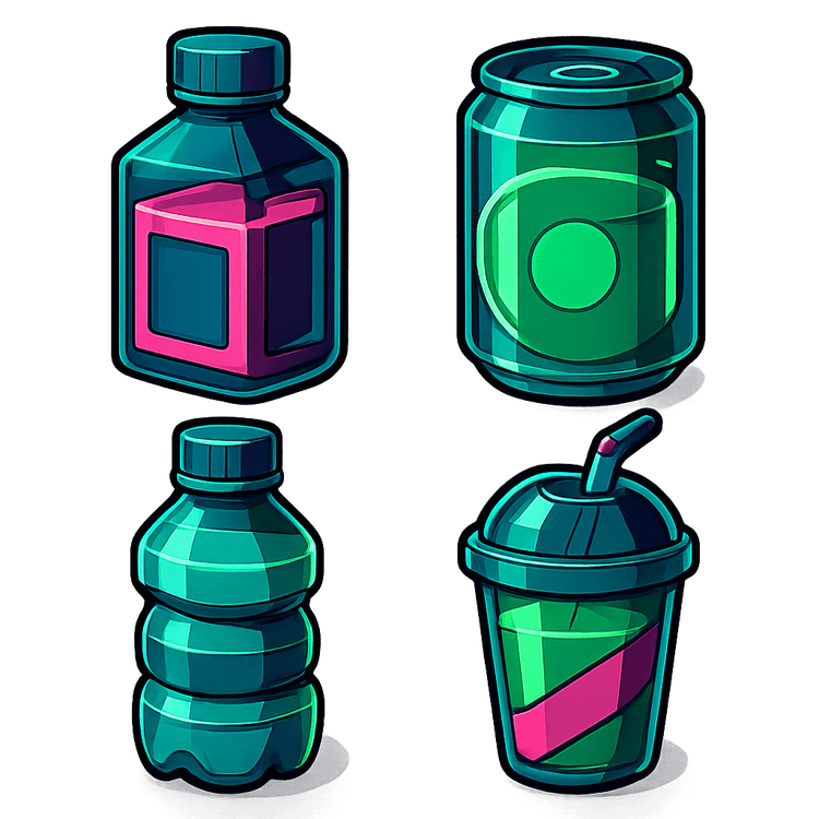 Cel-shaded sci-fi beverage consumables—4 bottles/cans in neon magenta, cyan, green; 3/4 view, 2×2 grid, subtle glow.