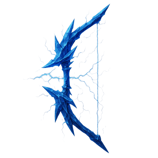Crystalline lightning bow — realistic fantasy weapon with electric string and pulsing energy; high-contrast shard detail, side-scroller perspective; 2D sprite for inventory/combat.