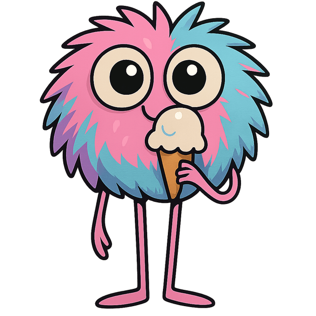 Cel-shaded cartoon adventure NPC—spherical fluffy creature with cotton-candy fur, googly eyes, tall thin legs, eating ice cream; high-contrast palette, front view.