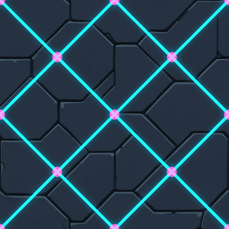 Sci-fi diagonal neon grid texture, cel-shaded; cyan lines, magenta nodes, charcoal panels; perfectly seamless/tileable.