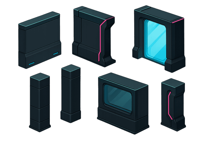 Sci-fi modular wall kit (3/4): cel-shaded panels—corner, doorway with holo-door, viewport, support pillar, cable conduit; neon glow accents.