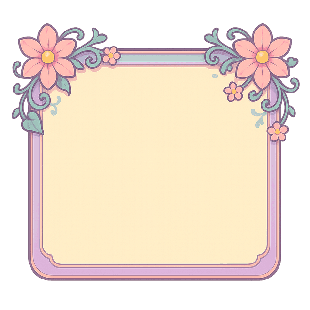 Pastel visual novel dialog box UI frame with floral motifs, rounded corners, cel-shaded style, fantasy pastel palette, front view.