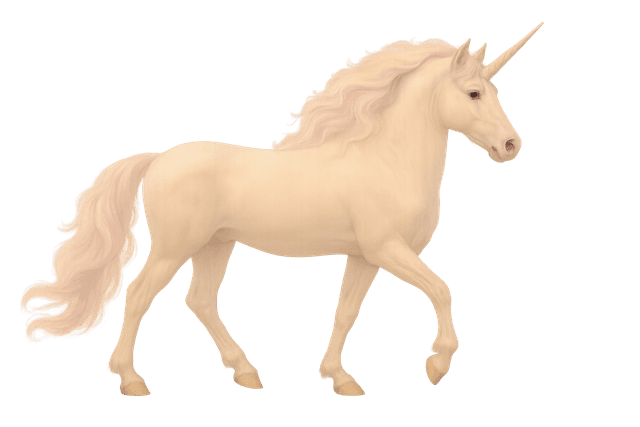Realistic unicorn mount—whimsical, rideable fantasy creature in side-scroller profile, pastel tones, bareback-ready; 2D game asset for character riding.
