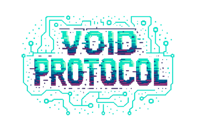 Retro pixel art game logo — “Void Protocol” wordmark with glitch effects and glowing circuitry, front-view 2D asset for platformers.