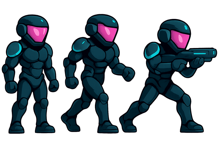 Cel-shaded sci-fi runner in a lightweight exosuit, 3/4 view—sprite frames left-to-right: idle, walk, attack; neon cyan/magenta accents.