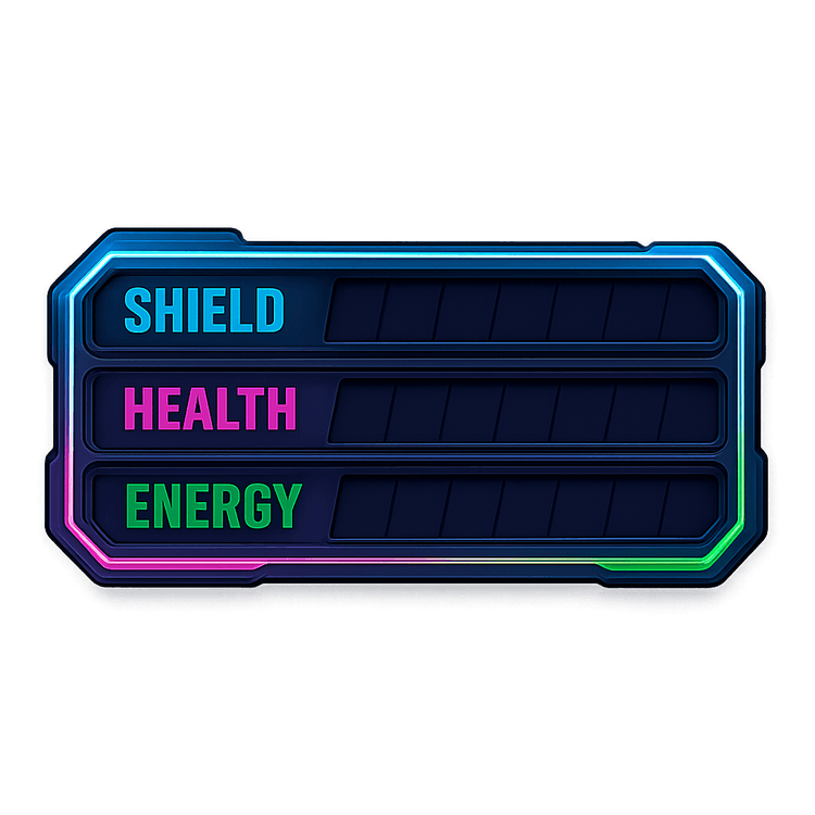 Sci-fi cel-shaded status bar, front view—metallic HUD with empty health (magenta), shield (cyan), and energy (green) segments, neon rim glow.