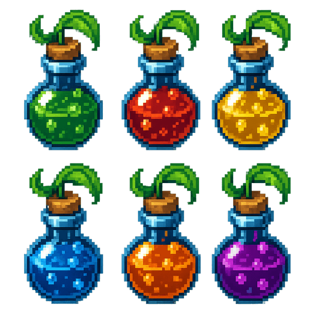 Pixel art fantasy consumables — six high-contrast potion vials (green, red, yellow, blue, orange, purple) with bubbly liquid and leaf-cork stoppers, 3/4 view 2D sprite.