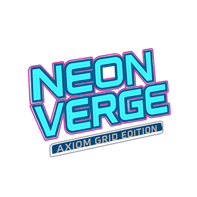 Sci-fi cel-shaded wordmark “NEON VERGE” — modular sans, neon cyan core with magenta rim, subtitle bar “Axiom Grid Edition”, centered on dark charcoal.